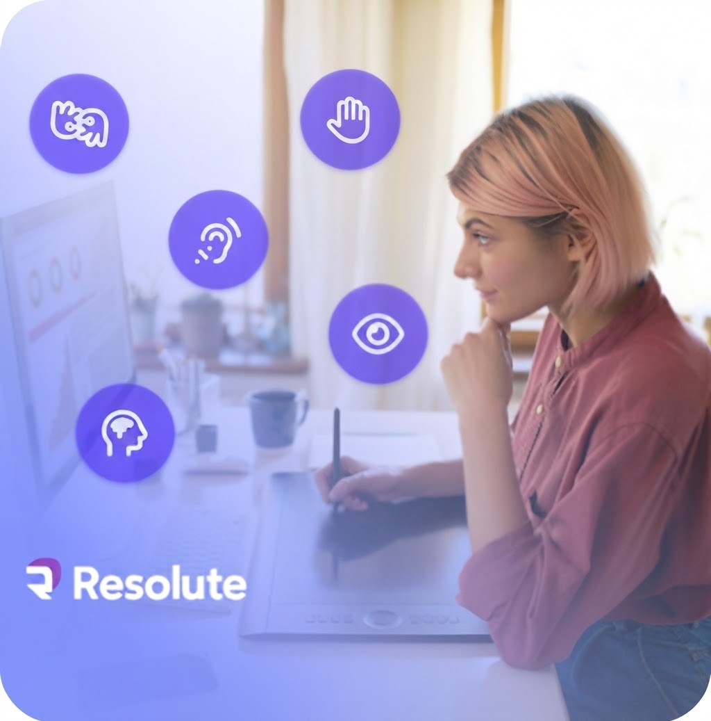 Female professional at a computer with accessibility icons and Resolute branding, illustrating inclusive digital experiences