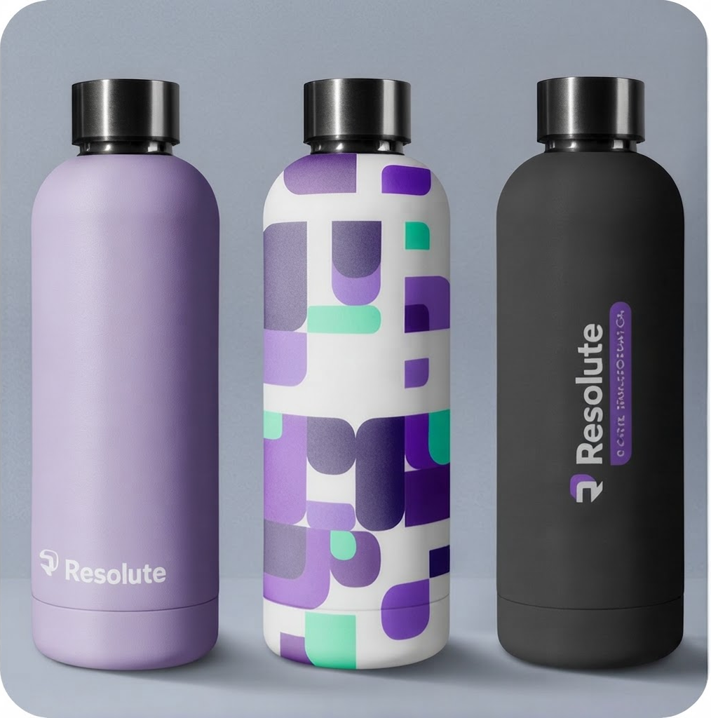 Three Resolute water bottles using logo, purple accents, and brand patterns across different merchandise designs
