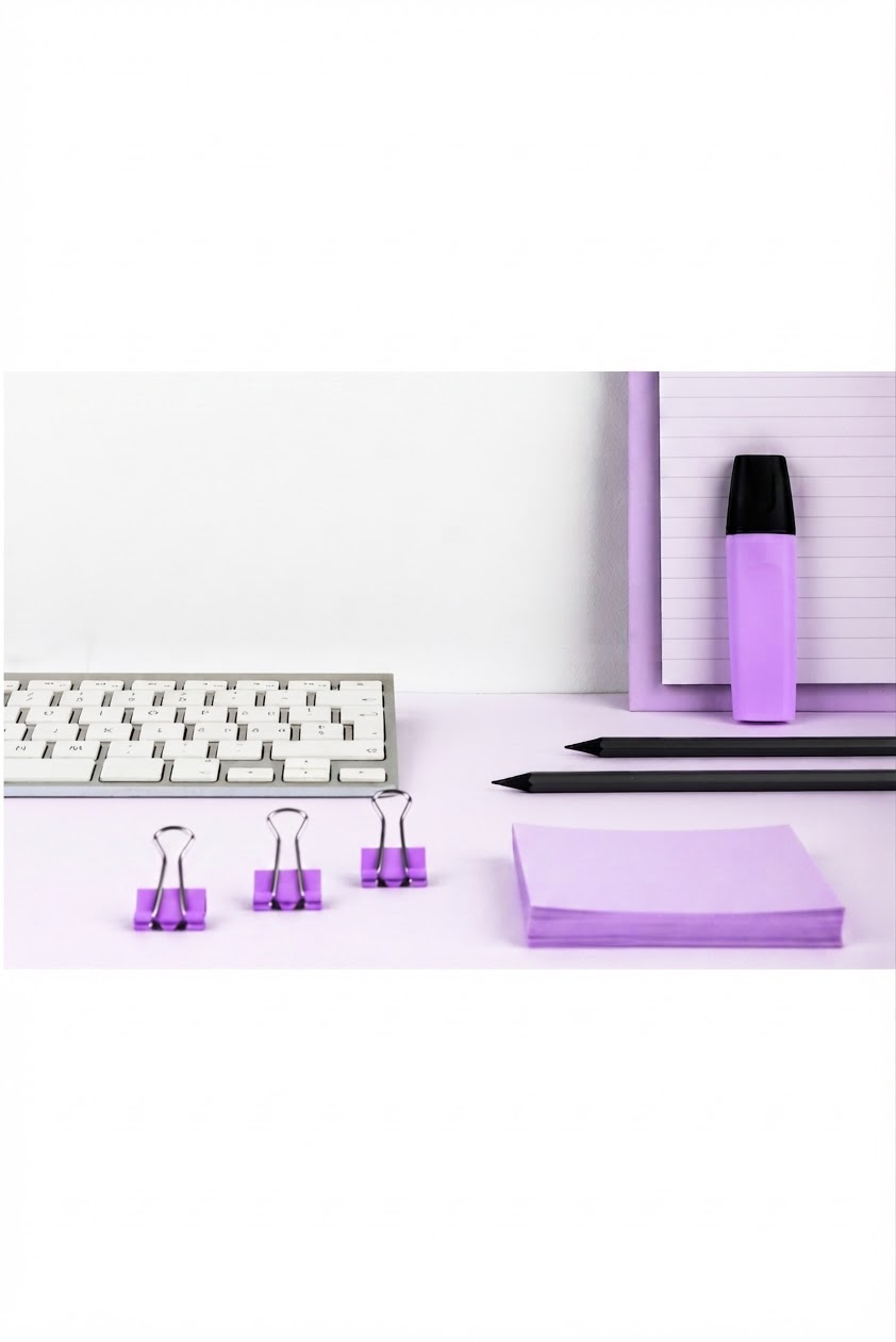 Purple-accented desk accessories demonstrating Resolute's bright, focused approach to object photography