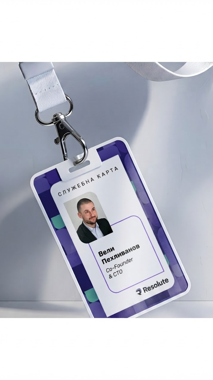 Resolute employee ID badge using brand colors, patterns, typography, and logo in a practical print application