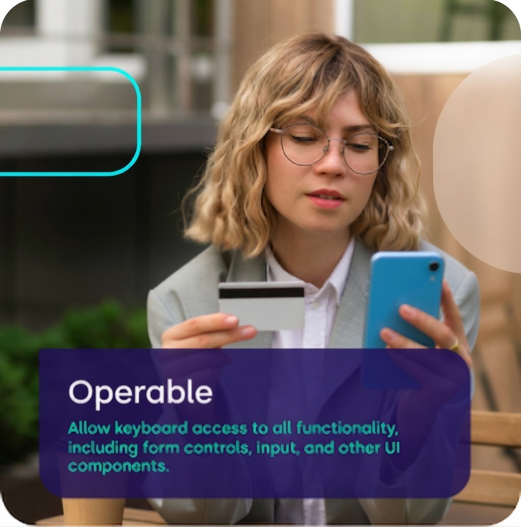 Female professional using a smartphone with Resolute brand elements and guidance on operable, keyboard-accessible interfaces