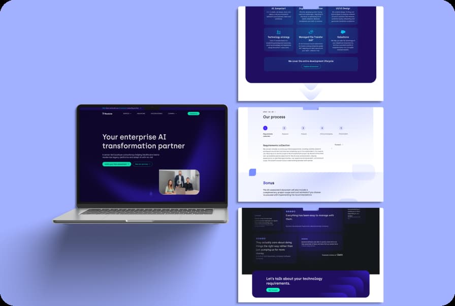 Resolute website examples demonstrating the brand's UI system across desktop layouts, content sections, and components