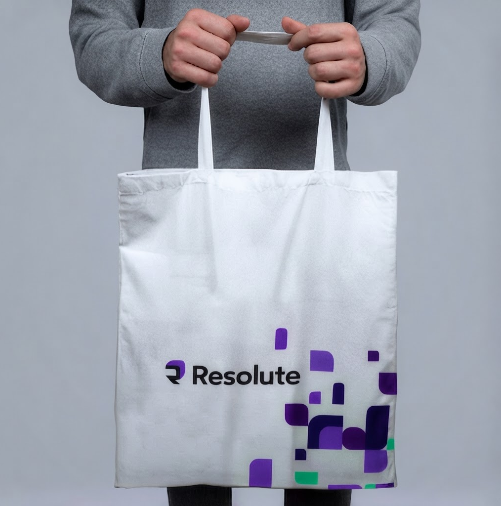 White tote bag featuring the Resolute logo and purple brand pattern as an example of branded merchandise