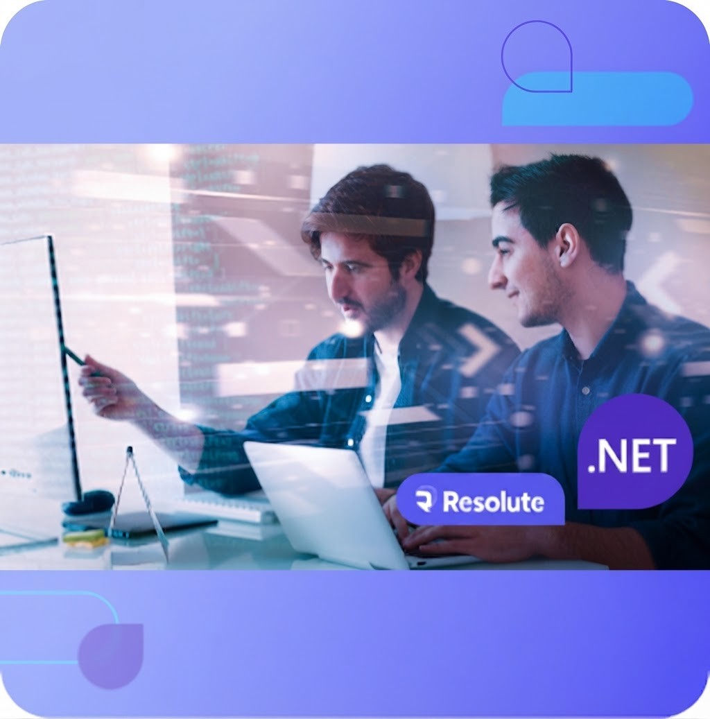 Developers collaborating at computers with .NET and Resolute branding, illustrating software engineering expertise