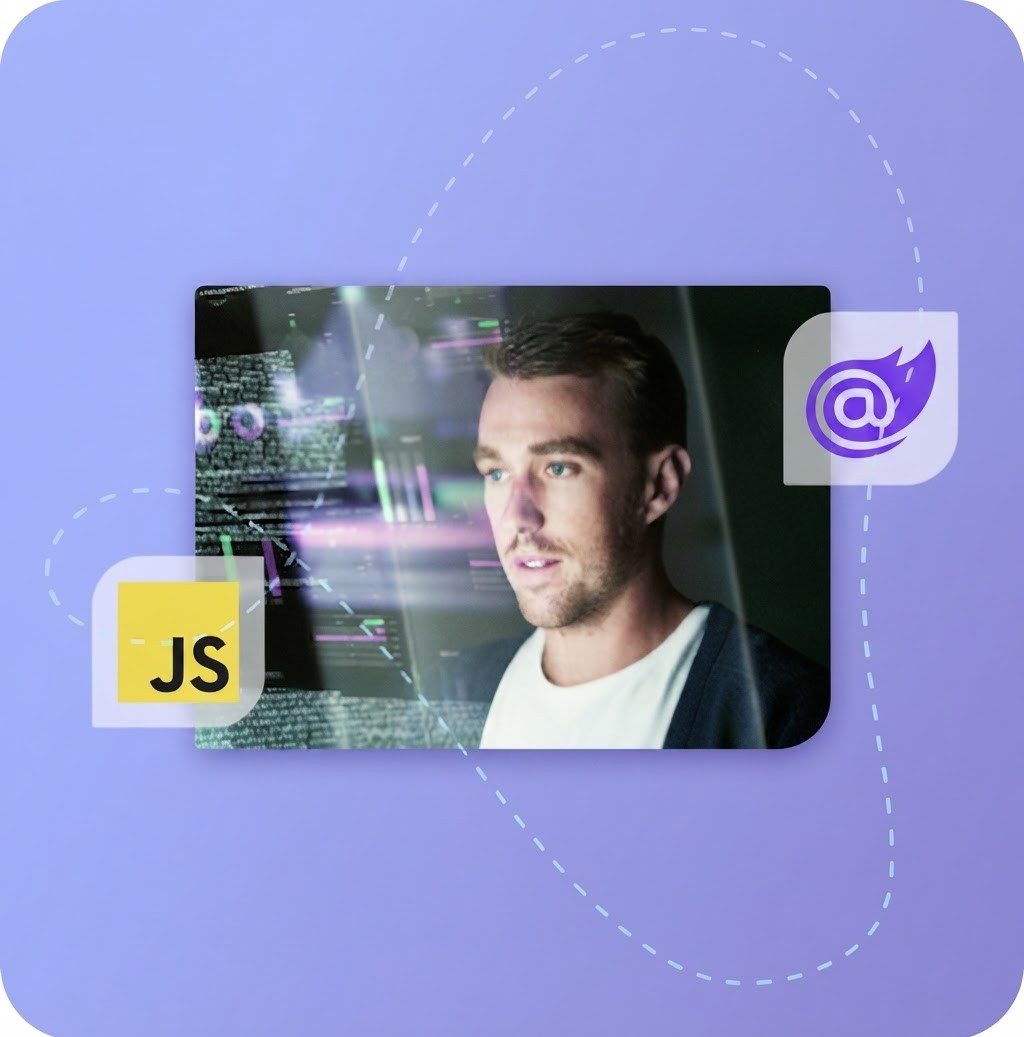 Developer working with code, using Resolute brand shapes and technology icons to illustrate software development