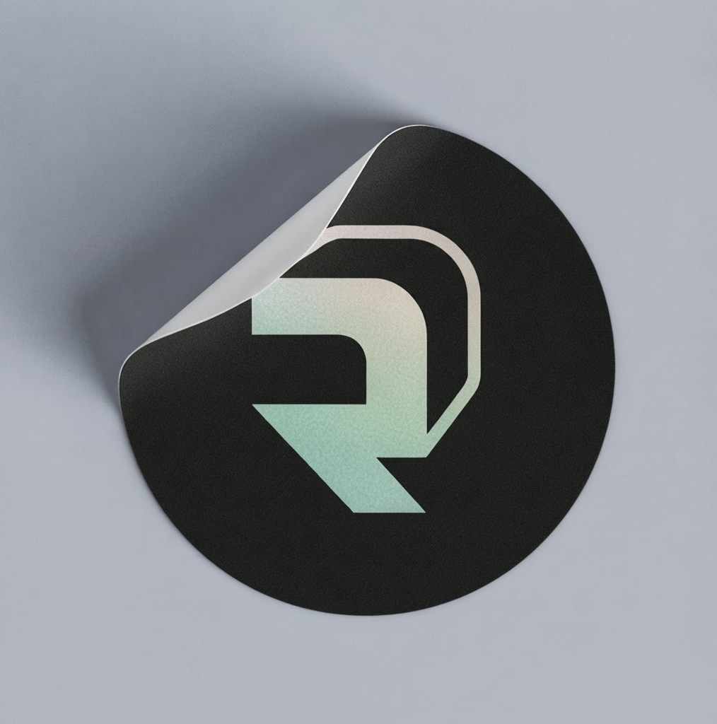 Resolute logo sticker demonstrating how the brand mark and gradient treatment translate to printed materials