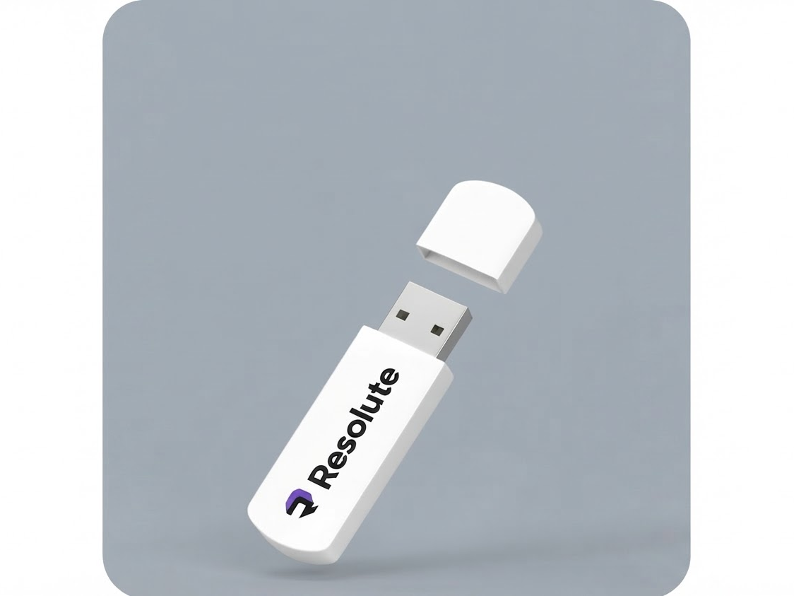 White USB drive with the Resolute logo demonstrating simple, recognizable branding on promotional merchandise