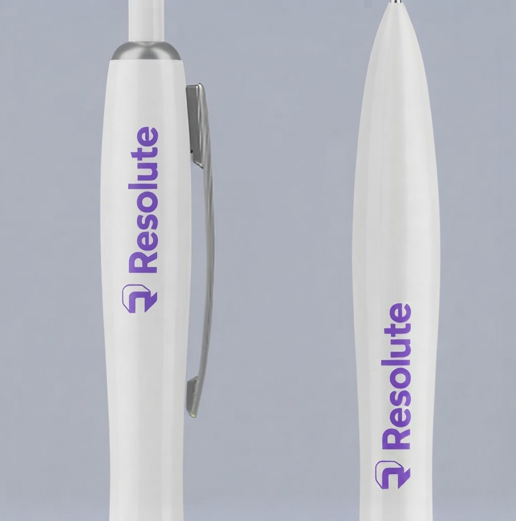 White pens with purple Resolute logos demonstrating consistent brand identity across promotional merchandise
