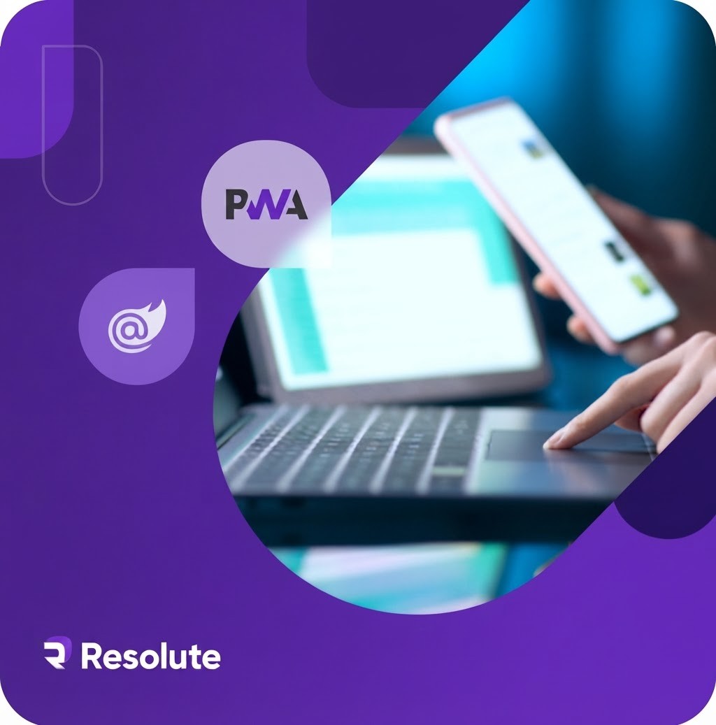 Person using mobile and laptop devices with PWA and Resolute branding, illustrating progressive web applications
